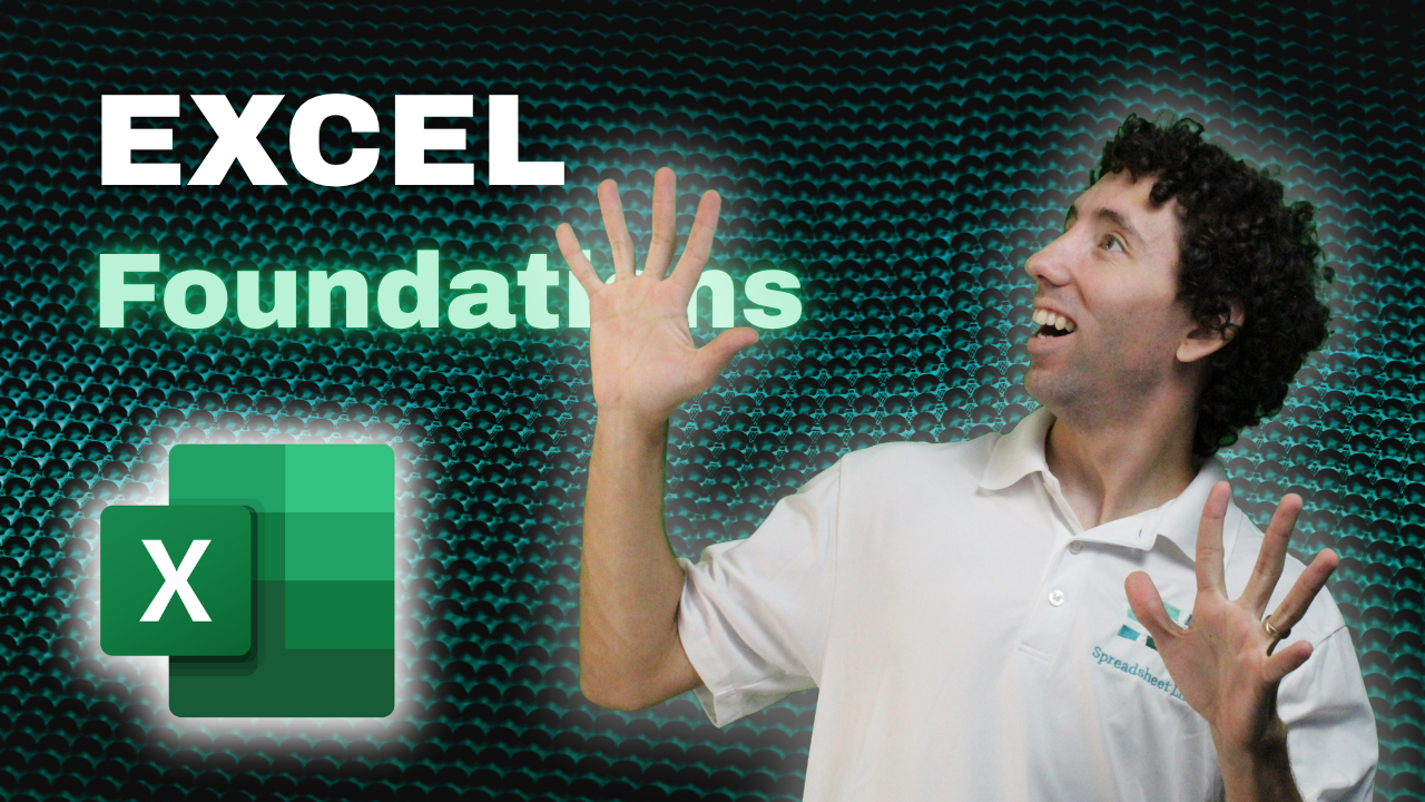 Person with raised hands next to Excel logo and text 'Excel Foundations' on a dark background