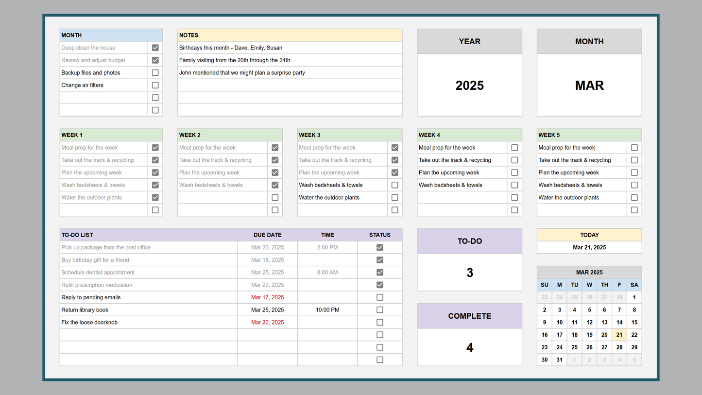 Google Sheets Simple Productivity Planner