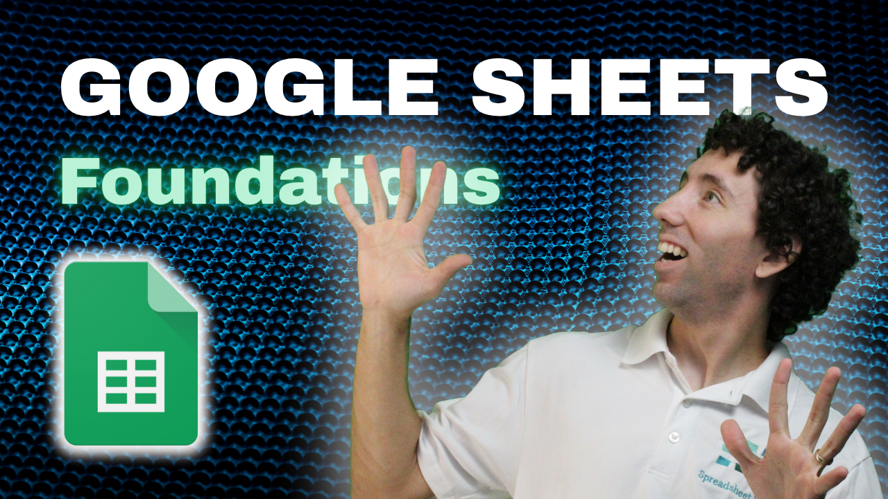 Person with raised hands in front of a Google Sheets logo and text on a blue background