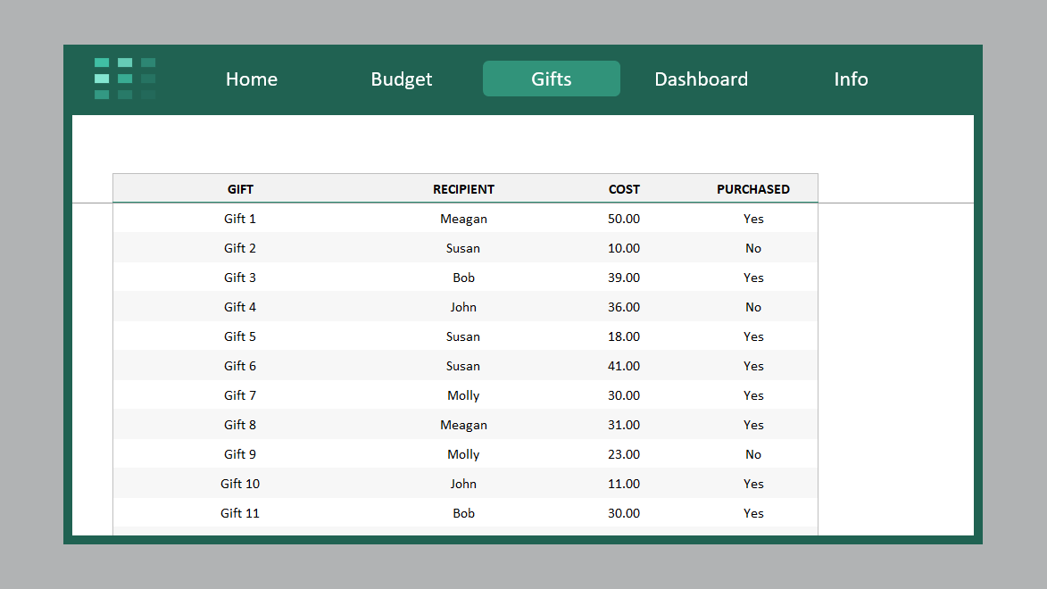 Excel Christmas Budget