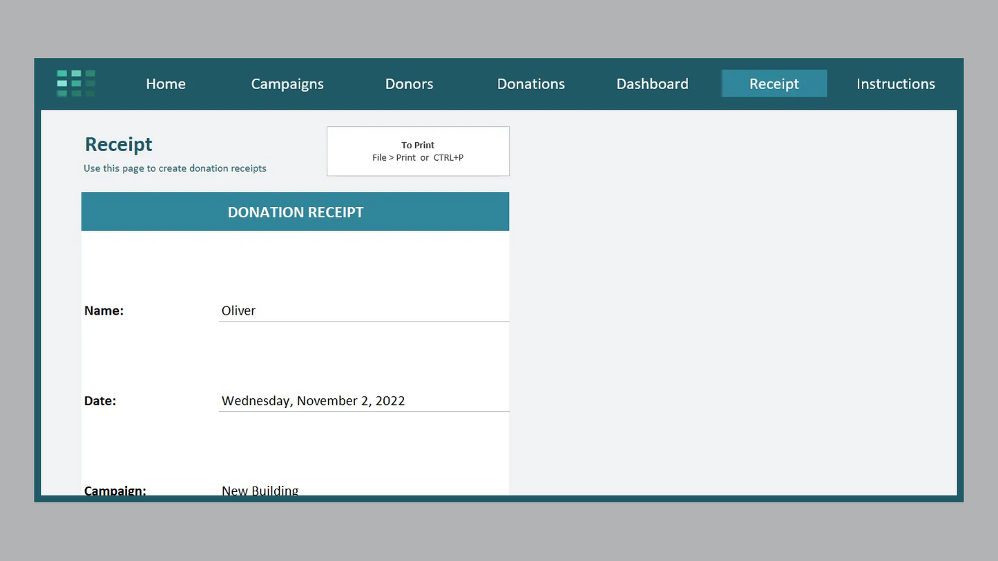 Excel Donation Tracker