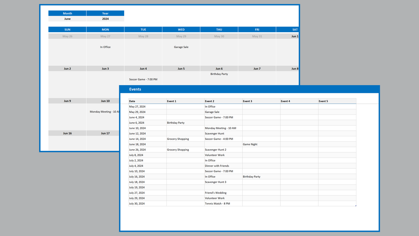 Excel Event Calendar