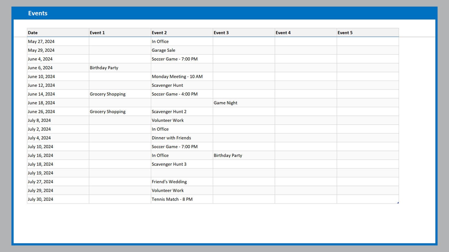 Excel Event Calendar