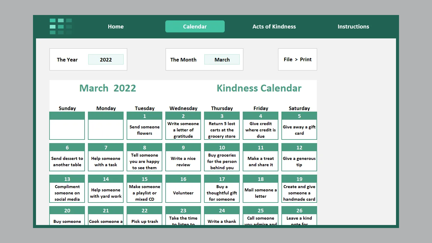 Excel Kindness Calendar