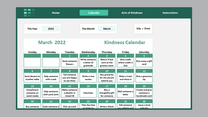 Excel Kindness Calendar