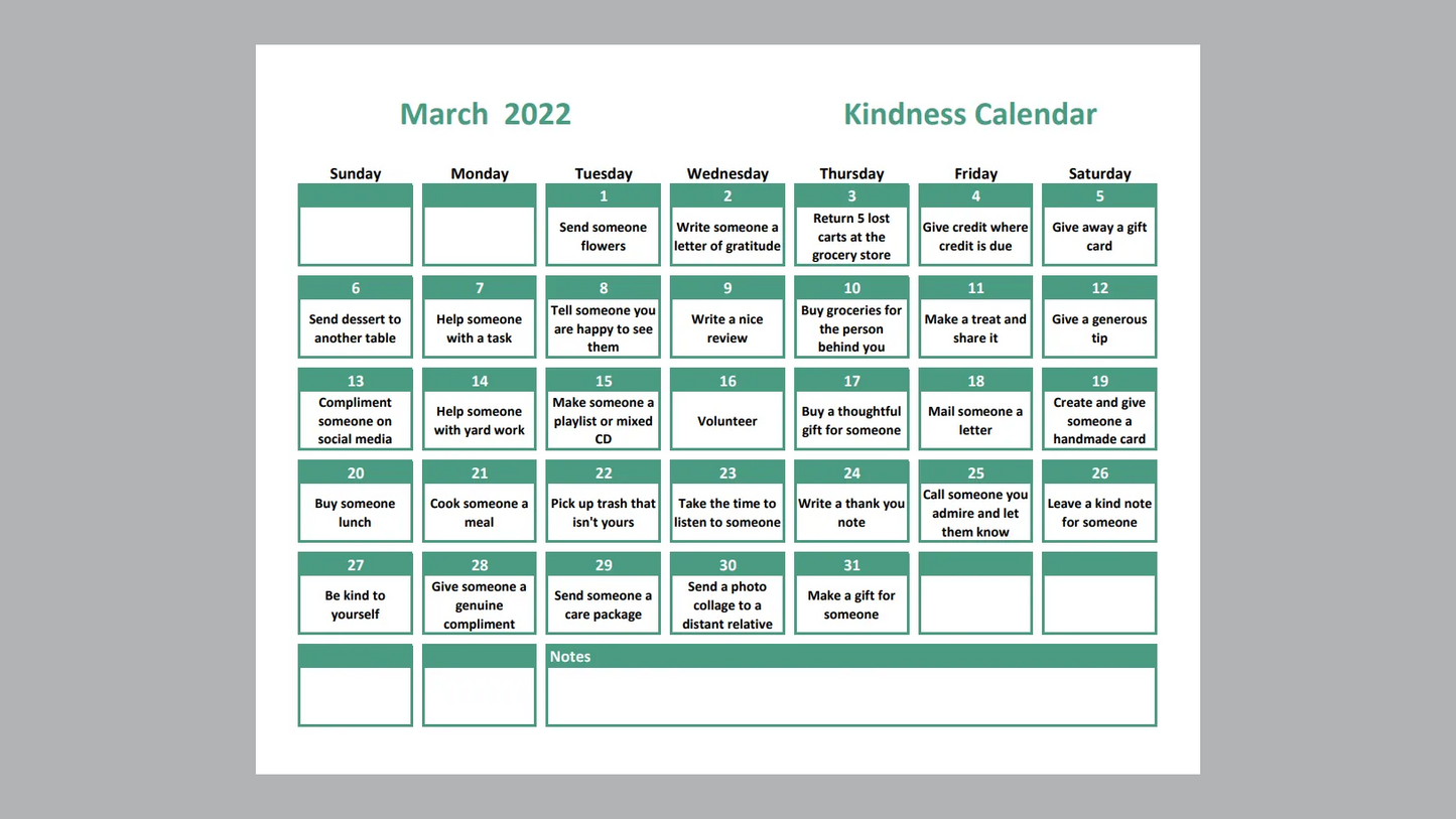 Excel Kindness Calendar