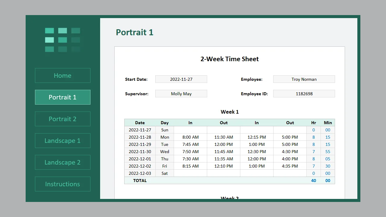 Excel Printable Timesheet