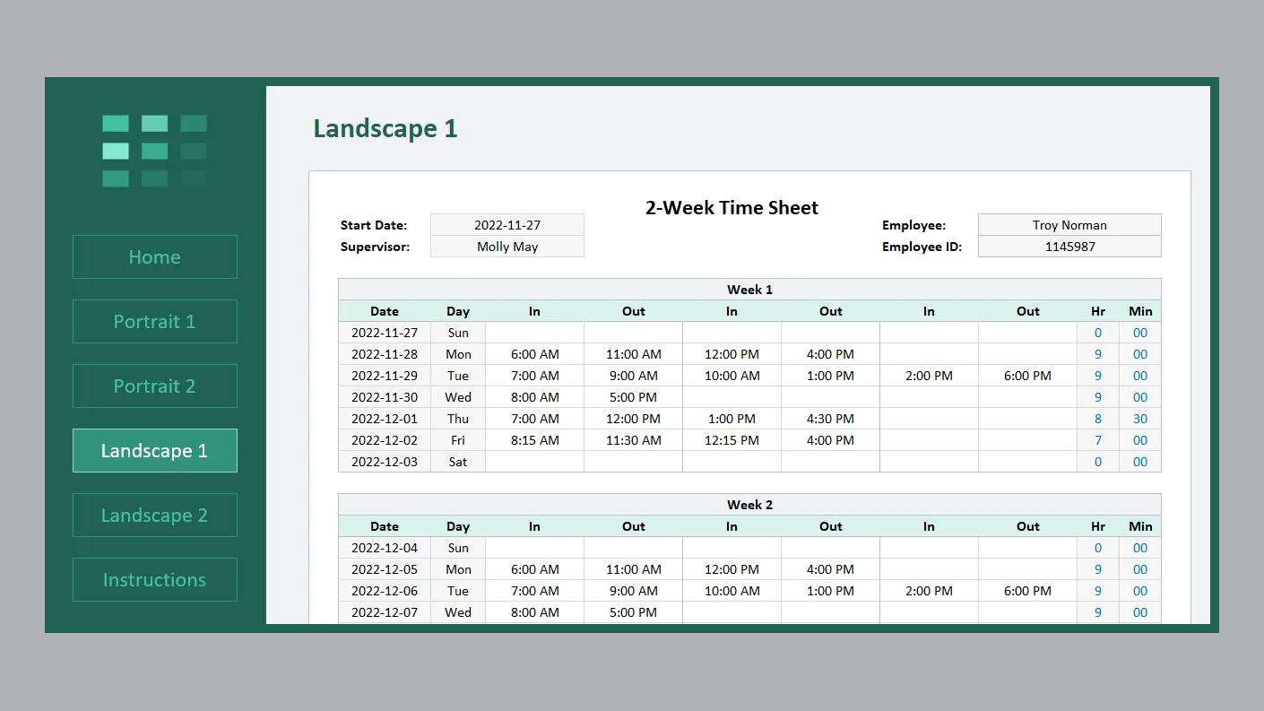 Excel Printable Timesheet