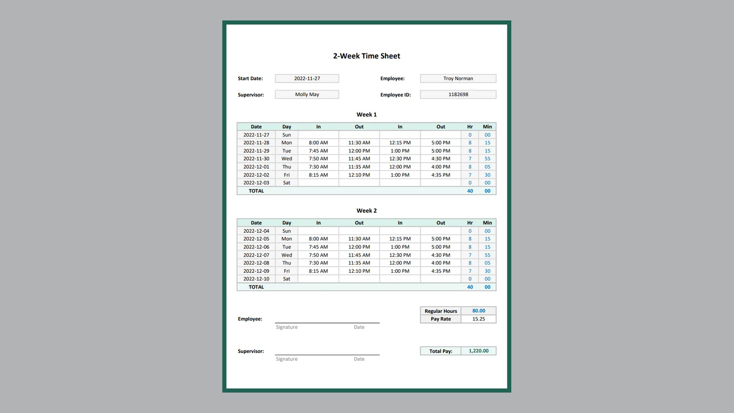 Excel Printable Timesheet