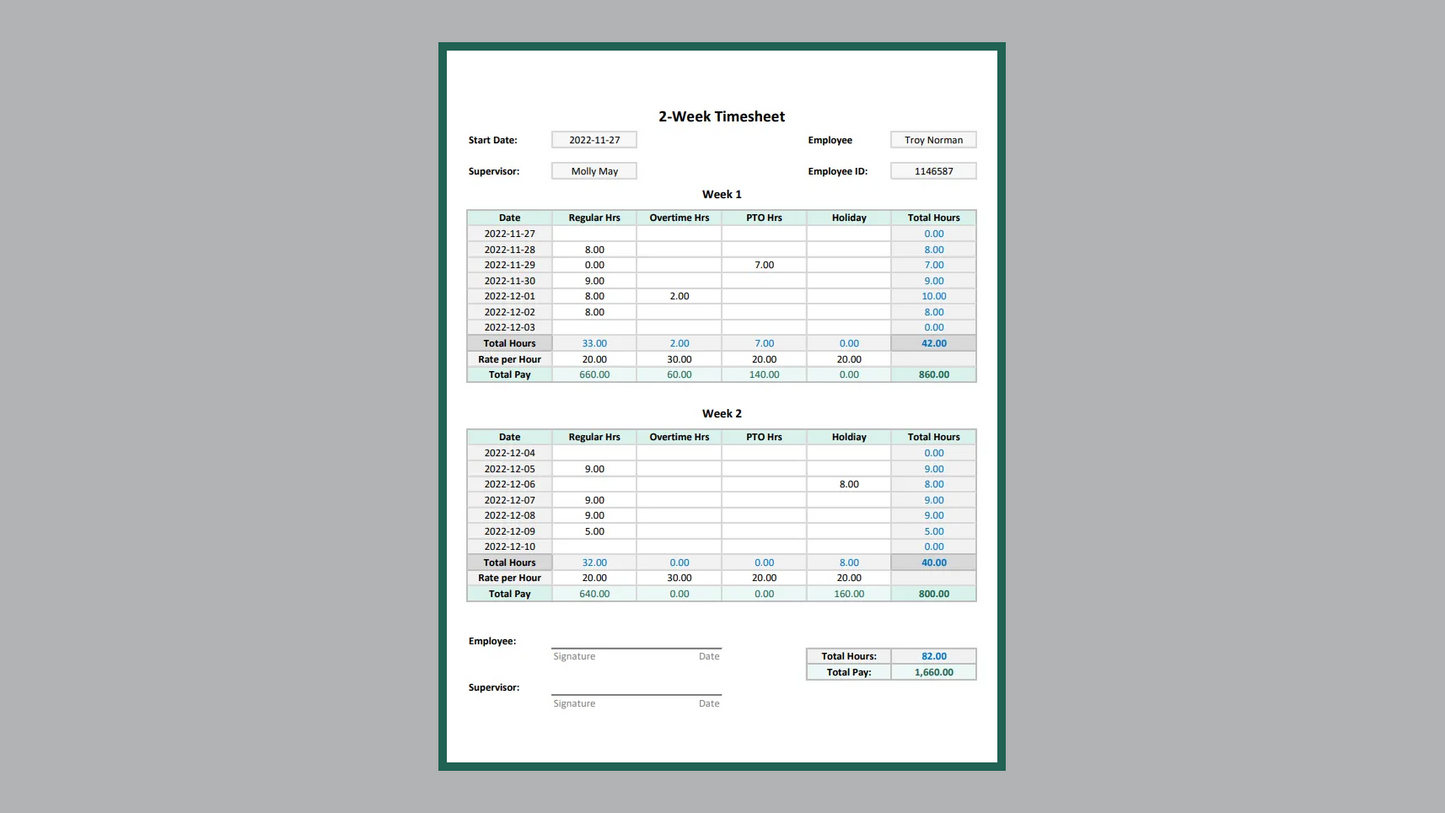 Excel Printable Timesheet