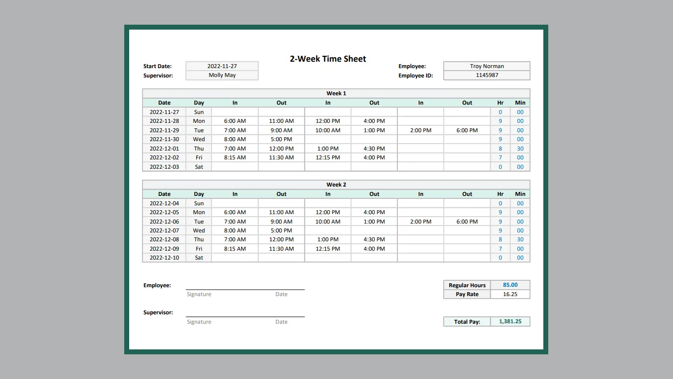 Excel Printable Timesheet