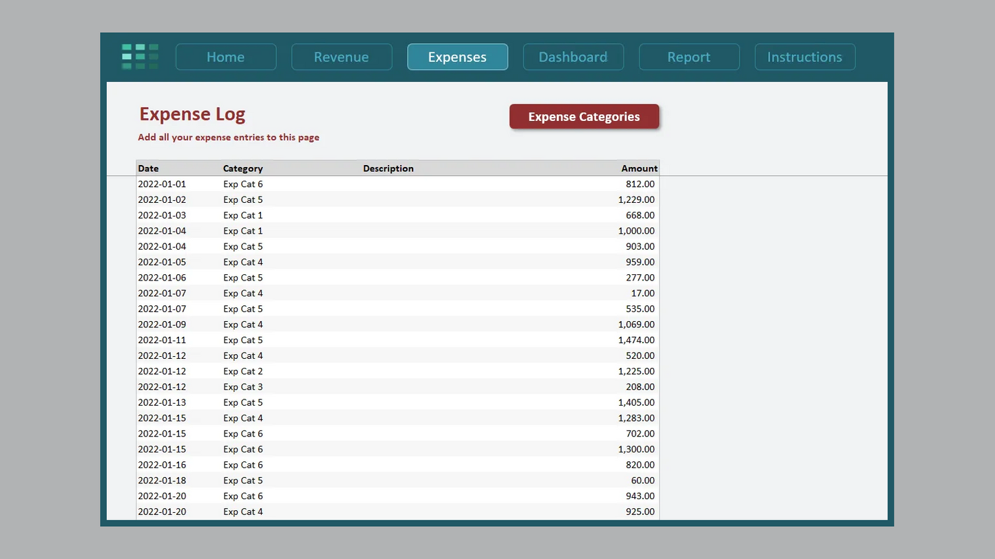 Excel Revenue Expense Log