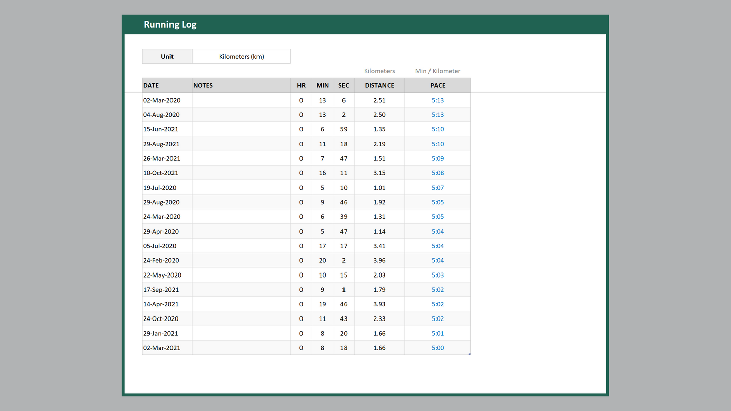 Excel Running Log