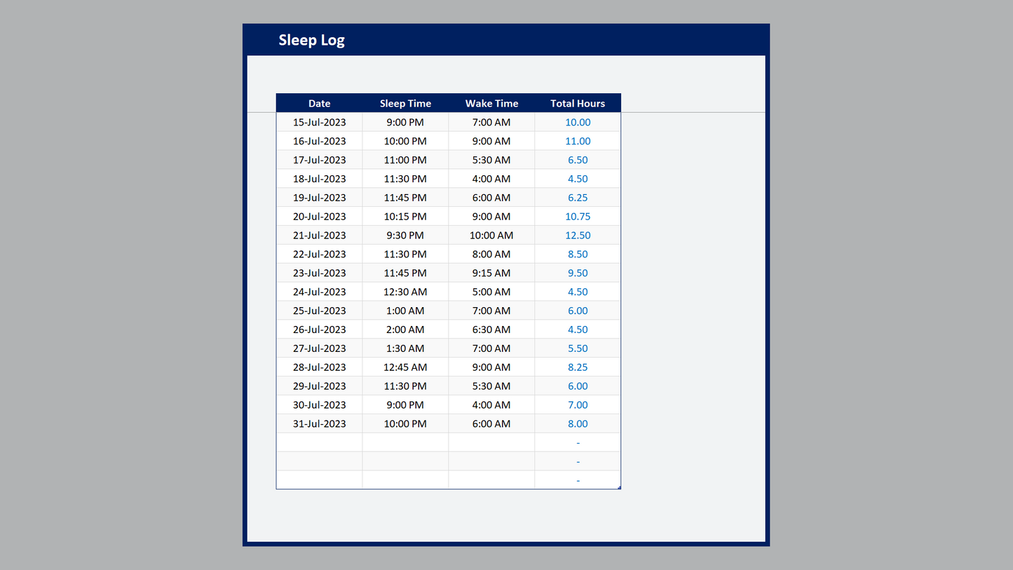 Excel Sleep Log