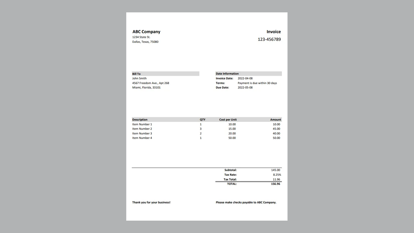 Excel Standard Invoice Template