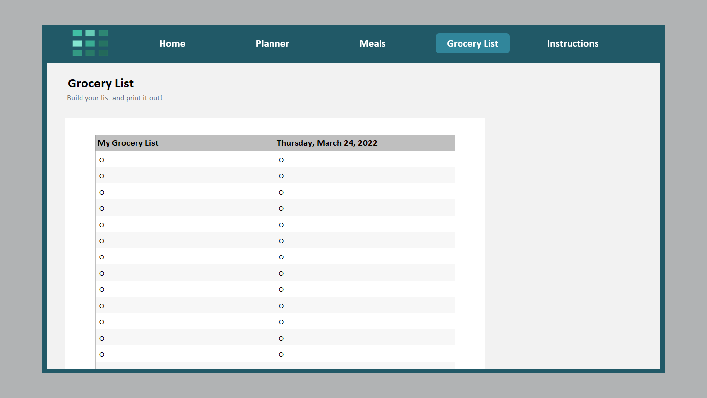 Excel Weekly Meal Planner