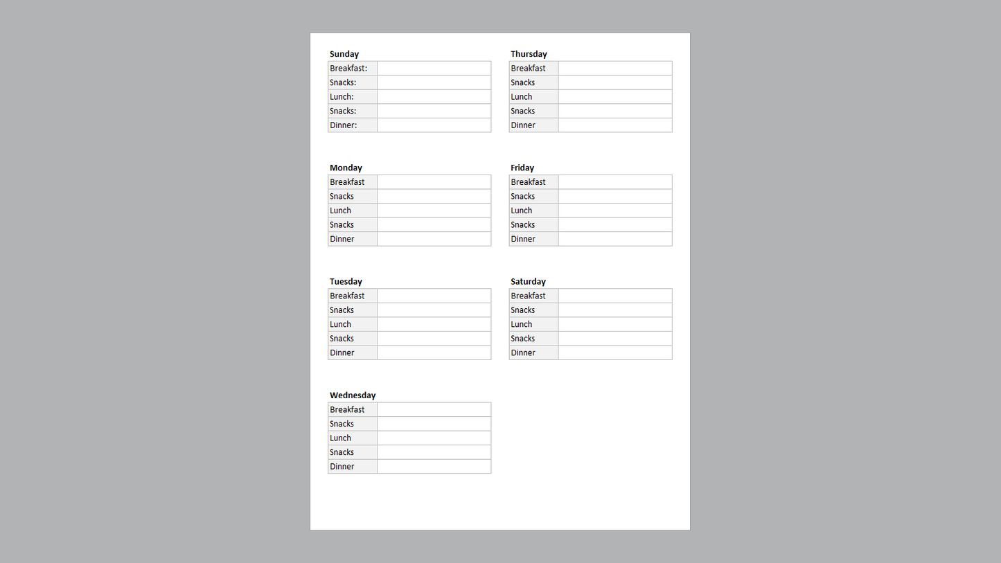 Excel Weekly Meal Planner