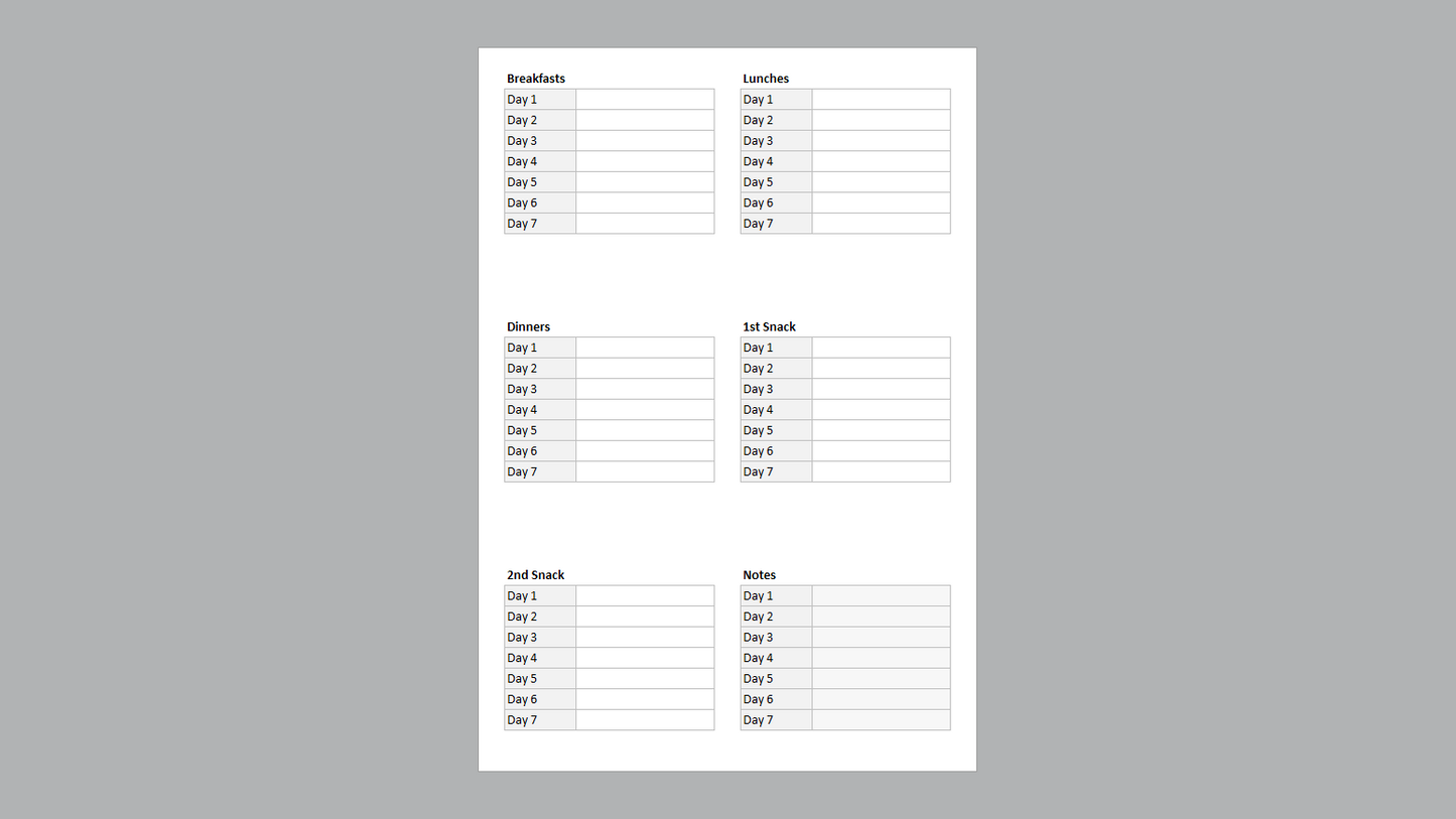 Excel Weekly Meal Planner