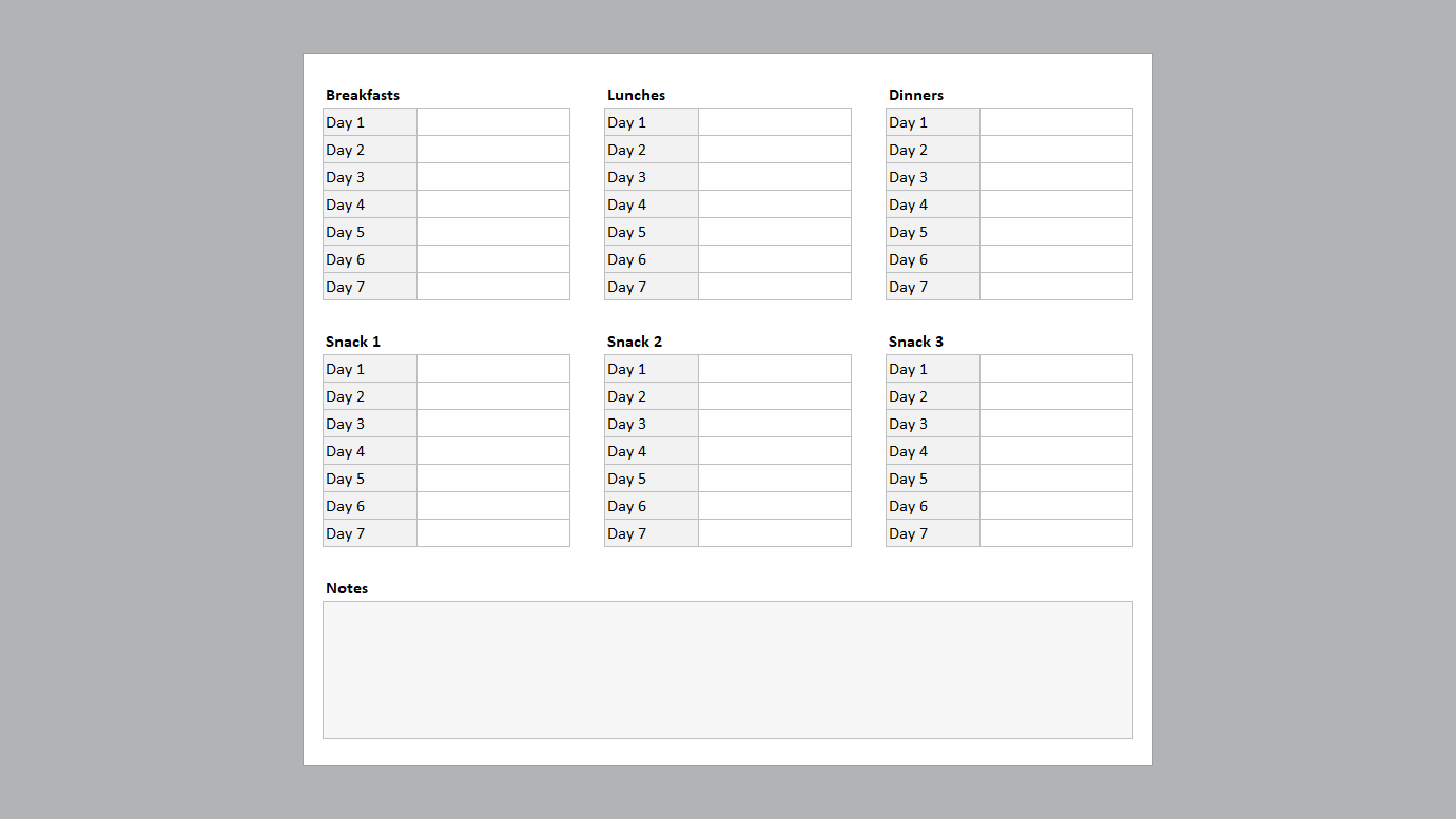 Excel Weekly Meal Planner