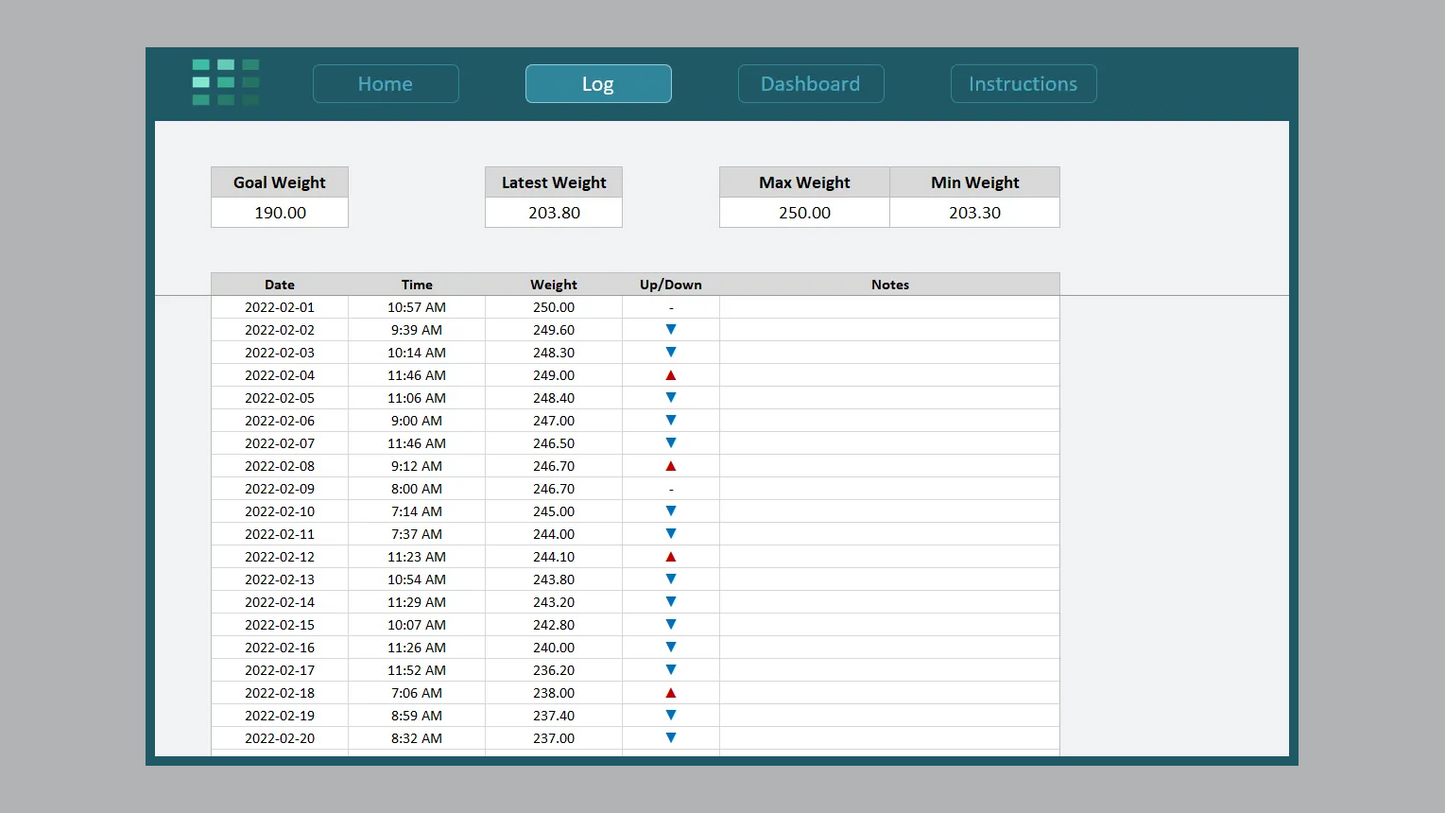 Excel Weight Log