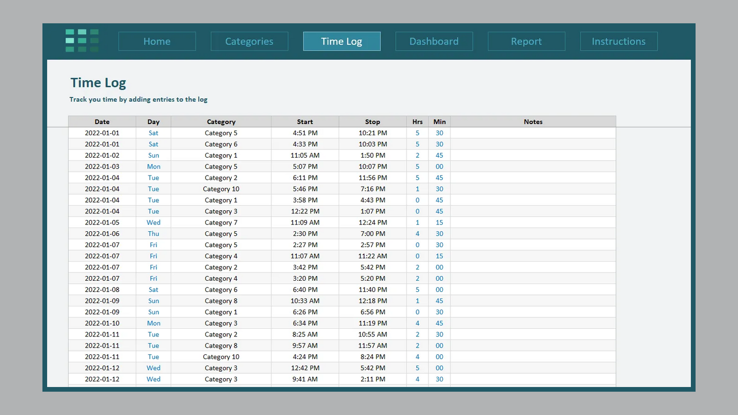 Excel Work Time Log