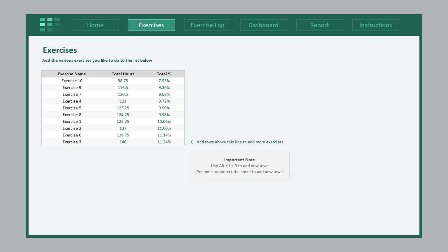 Excel Exercise Log