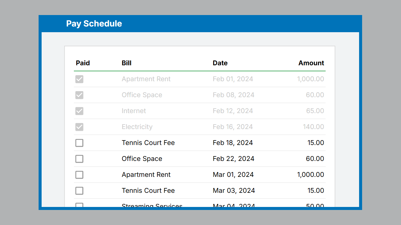 Google Sheets Bill Payment Calendar