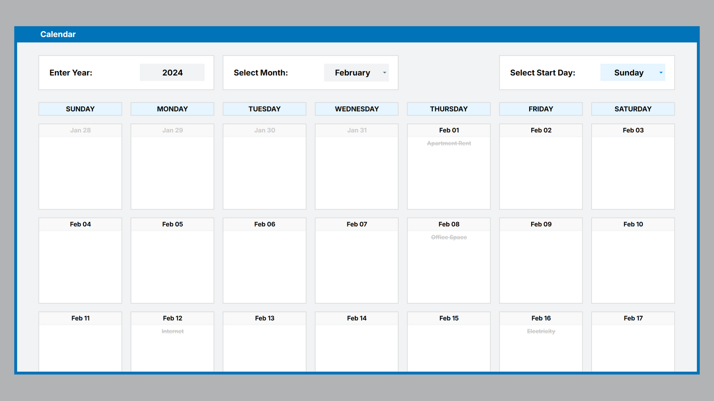 Google Sheets Bill Payment Calendar