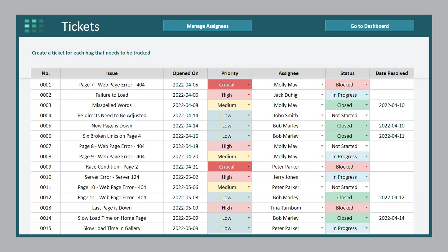 Google Sheets Bug Tracker