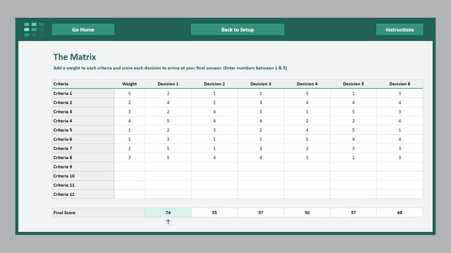 Google Sheets Decision Matrix