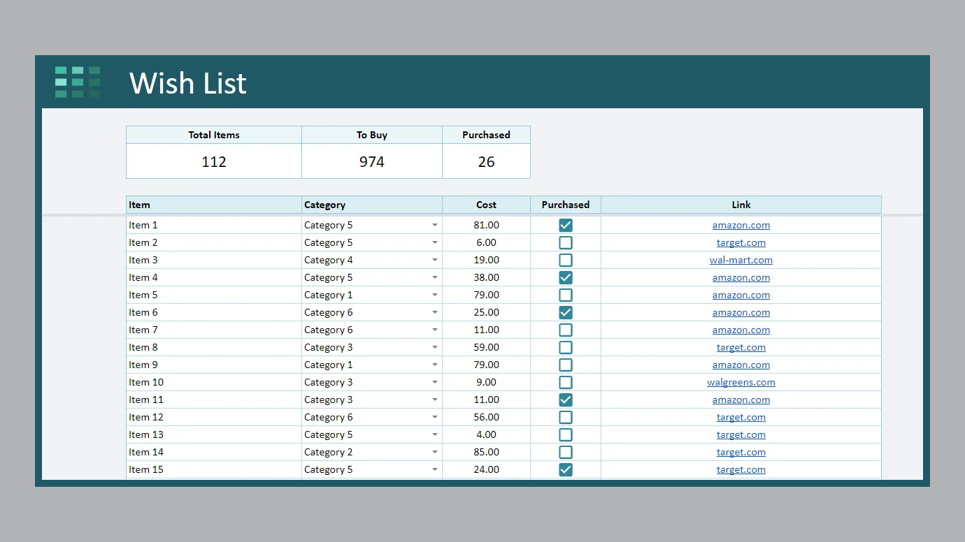 Google Sheets Wish List